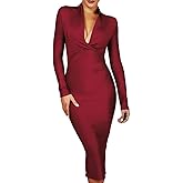UONBOX Women's Deep Plunge V Neck Long Sleeves Draped Knee Length Bodycon Bandage Dress