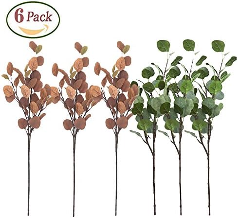 Artificial Greenery And Autumn Silver Dollar Eucalyptus Leaf Spray 6 Pcs 26" Fake Eucalyptus Leaves For Home Office Crafts Holiday Autumn Greenery Wedding Party Decoration 3 Brown+3 Green