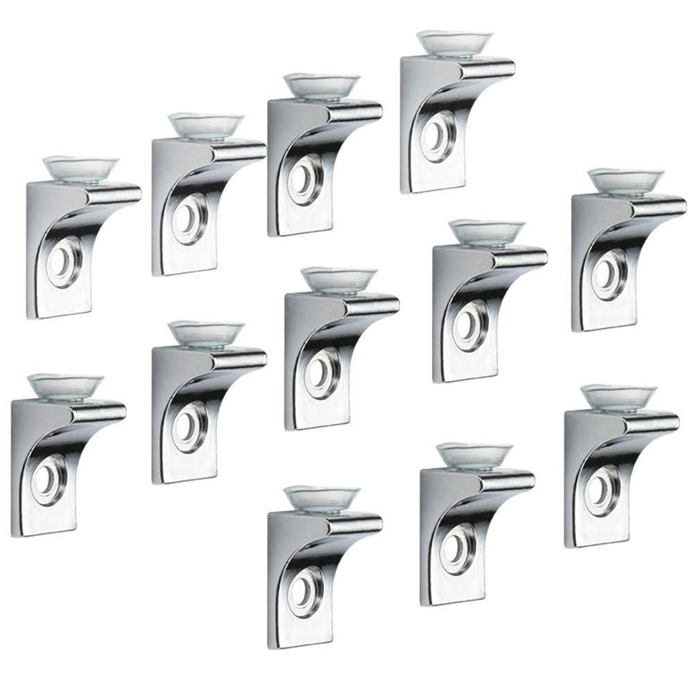 Glass Shelf Bracket, Tiberham 12 Pcs Zinc Alloy Polished Chrome Right Angle Shelf Support Fixing Clip with Suction Cup Base, Wall Mounted Glass Support Pegs Corner Brace Board Holder