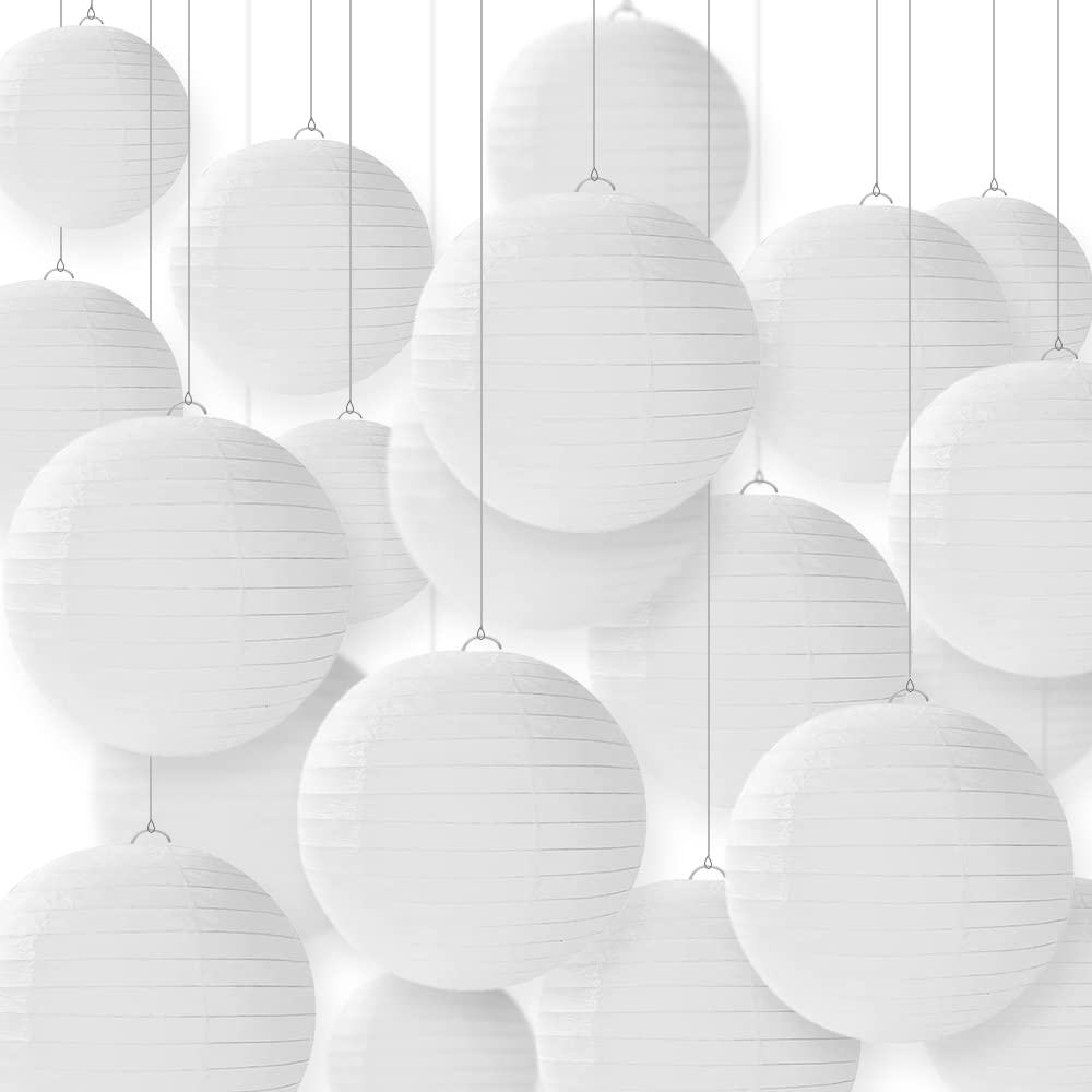 Newthinking 20PCS Hanging Paper Lanterns, 6" 8" 10" 12" Round White Paper Lantern Decorations with Hanging Line for Weddings Decoration, Indoor and Garden Party Decoration