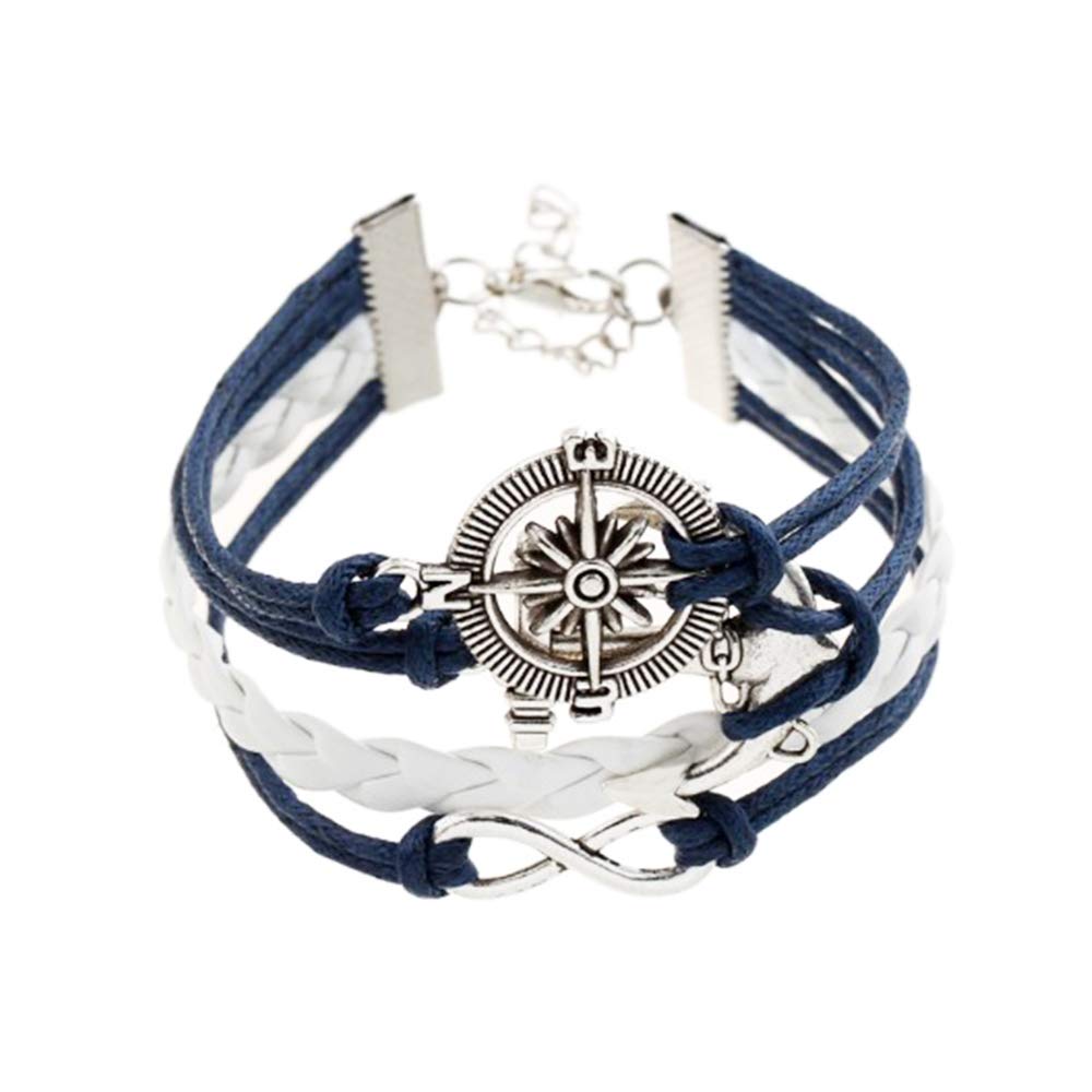 FGT Compass Infinity Anchor Braided Leather Wrap Bracelets for Women Men Friendship Couple Birthday Multilayer Navy Blue White
