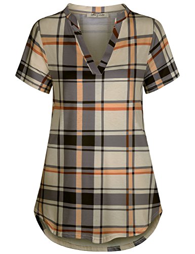 SeSe Code Business Casual Clothes for Women Ladies Short Sleeve Shirts Work Plaid Pattern Flared Bottom A Line Blouse T Shirt Tunic Grey and Beige Medium