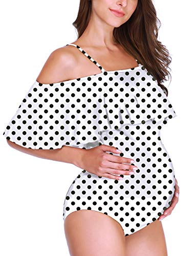 Maternity Bikinis Tankini Floral Flouncing Swimsuit One Piece Beachwear White with Black Polka Dot L