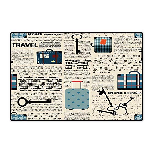 Old Newspaper Decor Door Mat Small Rug Retro Style Travel Vacation Theme Vintage Suitcases Keys Dot Text Bath Mat for Bathroom Mat 16"x24" Cream Blue Black