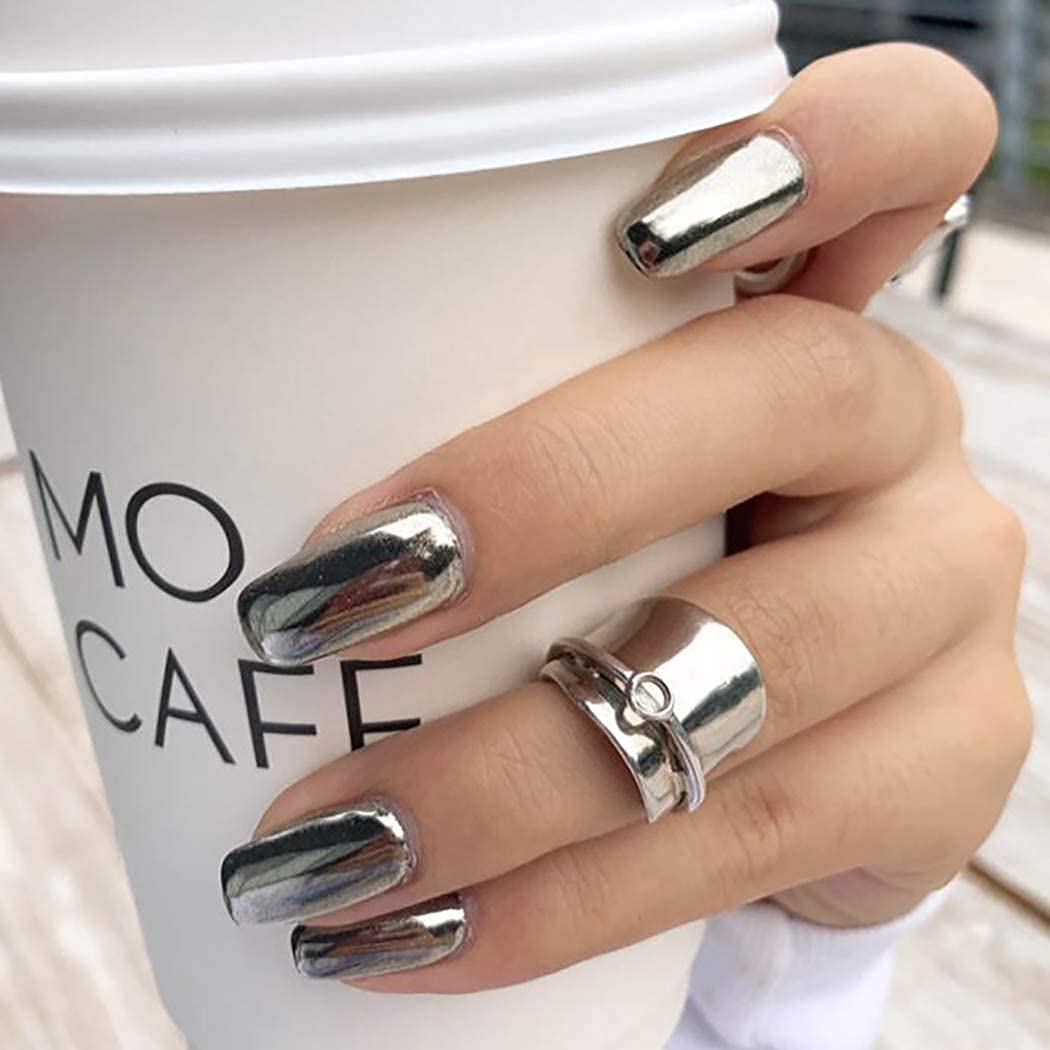 Fairvir Fashion Fake Nails Black Mirror False Nail Full Cover Acrylic Punk Prom Daily Clip Press On Nails for Women and Girls（24Pcs)