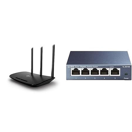TP-Link TL-WR940N N450 WLAN Router (450 Mbit/s (2,4 GHz), WPS, Print/ Media/ FTP Server) schwarz & TL-SG105 5-Port Gigabit Ne
