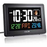 Baldr Digital Alarm Atomic Clock, 7'' Display with Adjustable Brightness | Large Desk Clock Indoor Temperature, Humidity &amp; Moon Phase for Living Room Bedroom, Adapter Powered, Black