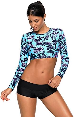Foryingni Women's Swimsuit Floral Long Sleeve Rashguard Tankini Crop Top