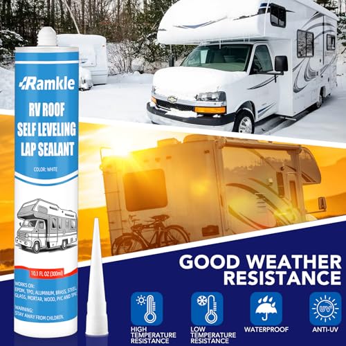 RV Roof Sealant, 10 oz Self-Leveling Lap White, Camper & Trailer Roof Leak Repair, Caulking for RV Roofing Maintenance, 4 Pack