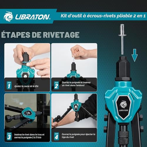 LIBRATON 2 in 1 Folding Threaded Insert Rivet Pliers, 7 Mandrels (M3-M12) & 5 Bits (2.4-6.4mm), Includes 70 Crimp Nuts and 200 Pop Rivets, Powerful Manual Tool for Auto and DIY