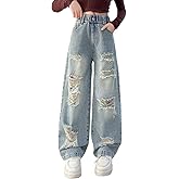 AOWKULAE Girls' High Waist Baggy Jeans Distressed Y2K Ripped Denim Pants 7-14Y