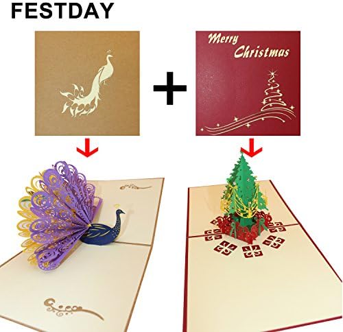 FESTDAY Peacock &amp; Christmas 3D Pop-up Greeting Cards for Happy Birthday, Wedding Anniversary, Xmas, Friendship, Thanksgiving, Festival and Anniversary(2 Pack)