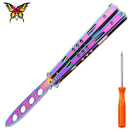 Butterfly Knife Trainer, Rainbow Stainless Steel Dull Practice Knife for Beginner of Balisong Training