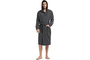 HOLOVE Men's Pure Cotton Bathrobe Lightweight Kimono and Hooded Spa Robes Soft Sleepwear