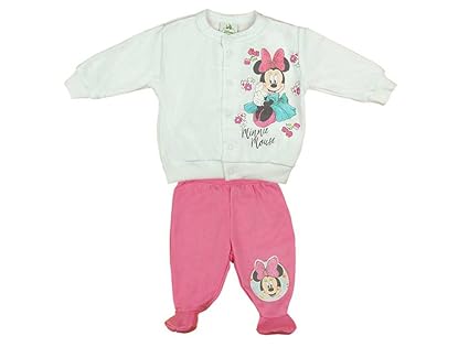Kleines Kleid Minnie Mouse Mädchen Baby-Set bestehend aus Wagen-Jacke und Hose mit Füßchen Weiss und rosa in GRÖSSE 56, 62, 6