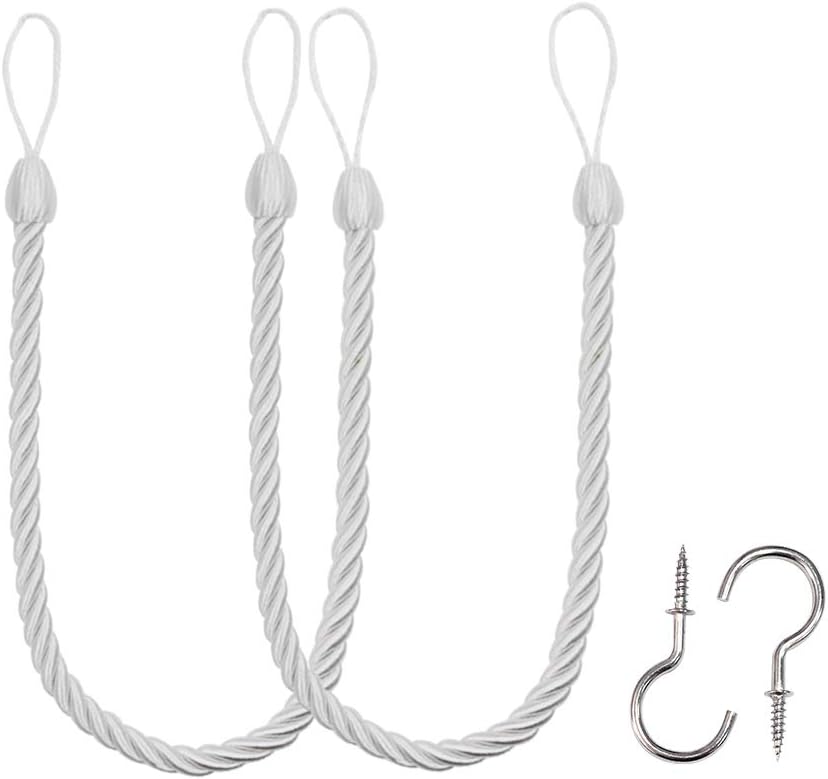 Window Treatment Hardware - BEL AVENIR Curtain Ropes Tiebacks Tie-Backs, Curtain Handmade Holdbacks with 2 Metal Screw Hooks - White 2 Pack
