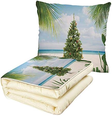 iPrint Quilt Dual-Use Pillow Christmas Decorations Tree with Tinsel and Ornaments Tropic Island Sandy Beach Party Multifunctional Air-Conditioning Quilt Green Blue Cream