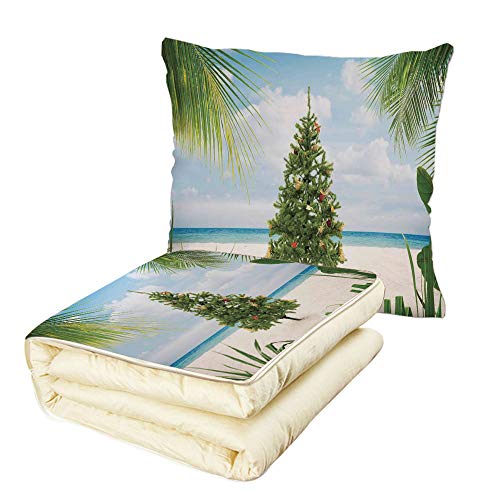 iPrint Quilt Dual-Use Pillow Christmas Decorations Tree with Tinsel and Ornaments Tropic Island Sandy Beach Party Multifunctional Air-Conditioning Quilt Green Blue Cream