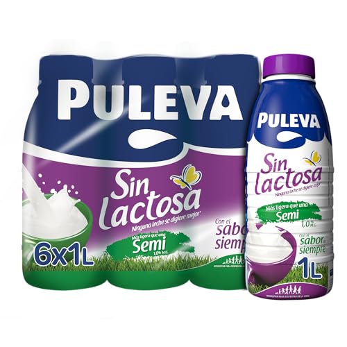 - Leche Puleva Sin Lactosa Semidesnatada 1 % M.G., Fácil de Digerir, Rico en Calcio y Vitaminas A, D y E, Ideal para Intolerantes a la Lactosa, Pack 6 x 1 L