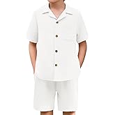 Haloumoning Boys 2 Pieces Summer Outfits Beach Short Sleeve Button Down Shirts and Shorts Vacation Texture Sets for Kids