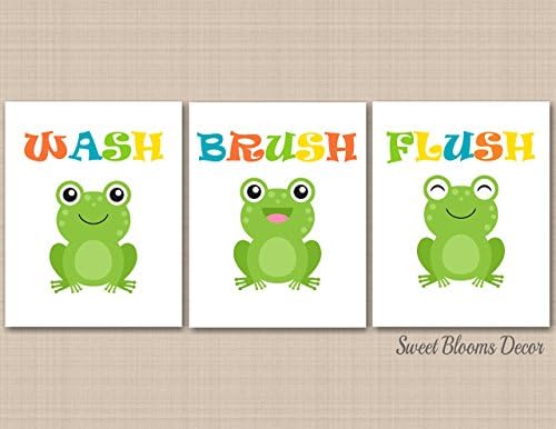 Frog Bathroom Wall Art Kids Boy Girl Bath Decor Childrens Baby Duck Froggy Sister Brother Wash Brush Flush Twins Orange Green Blue Bath Rules-UNFRAMED PRINTS (NOT CANVAS) B145