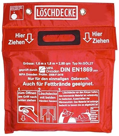 Löschdecke 1,6 x 1,8 m geprüft MPA Dresden DIN EN1869:2001 PrüfNr:2008-F-3416 Tasche Glasfasergewebe Grifftaschen