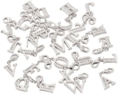 Lobster Clasp Clip On Initial Charms Dangle Cubic Zirconia Letter N, White Gold Plating