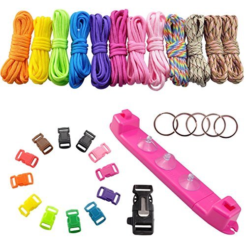 UCEC 12 Rainbow Color Paracord Braiding Weaving DIY Craft Tool Kit with Parachute Cord Jig Bracelet Wristband Plastic Maker Loom, Colorful Buckles and Flint Fire Starter Scraper Whistle