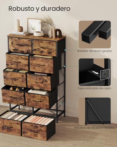 SONGMICS Cómoda, 10 Cajones de Tela, Acero, MDF, Tela no Tejida, para Dormitorio, Armario, Pasillo, Salón, Marrón Rústico y Negro Tinta MLGS125BH04