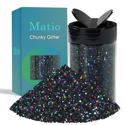 Matio Holographic Chunky Glitter, 7.76oz/220g Laser Black Craft Glitter Powder 1/24