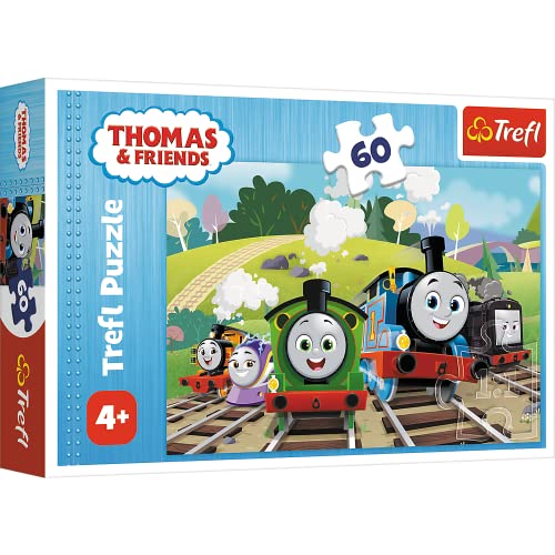 Trefl - Thomas & Friends, Tom in Viaggio - Puzzle da 60 Pezzi - Puzzle Colorati con i Personaggi Delle Fiabe di Tom & Amici, Treni, Intrattenimento Creativo, Divertimento per Bambini dai 4 anni in su