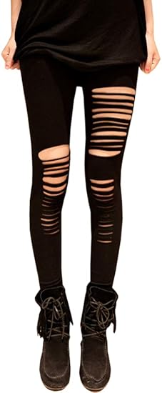 Amazon レディース ダメージ スキニー パンツ クラッシュ レギンス ストレッチ ダメージ加工 ハイウエスト 黒 黒色 ロングパンツ 通販