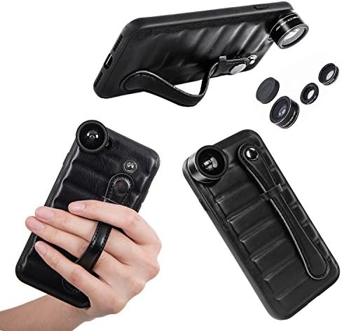 iPhone 7 Camera Lens Case With 3 in 1 198 Fisheye+15X Macro+0.63X Wide Angle Lens Kit Detachable, Hand Strap Holder Kickstand Leather Case for iPhone 7
