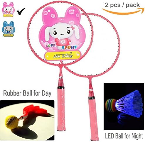 1 Pair of Pink Junior Badminton Racquets for Girls (LED Shuttlecock, Ball and Cover), Great Gift for Age 3 Above by Jieling
