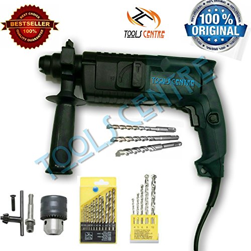TOOLSCENTRE Tools Centre Powerful Rotary Hammer Machine With A Carry Case + 3 Pcs Hammer Drill Bits + Chuck & Adapter & Free Drill Bit Set For Drilling Into Plastic,Aluminium Etc.