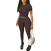 ZFLM Casual Workout Two Piece Outfits for Women Fitted Crew Neck T-shirt High Waist Pants Matching Sets Streetwear