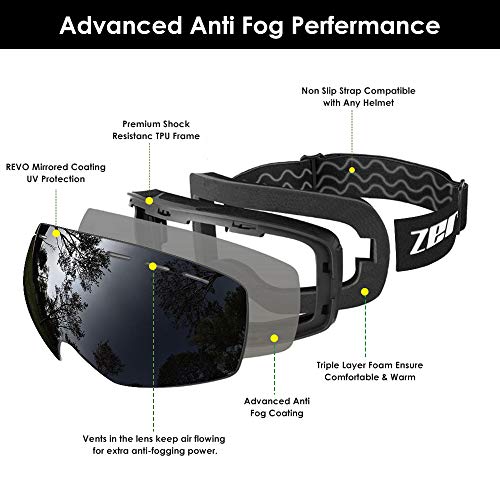 Zerhunt Ski Goggles, Snowboard Goggles Over Glasses, Anti Fog UV Protection Snow Goggles OTG Interchangeable Lens for Men Women Snowmobile, Skiing, Skating, Black