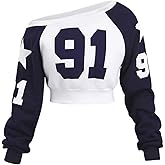 Verdusa Women's Graphic Off The Shoulder Jersey Sweatshirt Asymmetrical Neck Long Sleeve Crop Tops