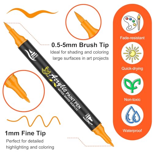 128 Acrylic Paint Markers, Dual Tip Brush Paint Pens for Adult Artists - Fine & Brush Tip Water Based Acrylic Markers for Canvas, Wood, Ceramic, Glass, Metal Surfaces