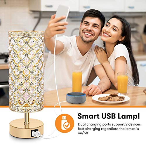 Set of 2 Touch Control Crystal Table Lamps with 2 USB Ports, 3Way