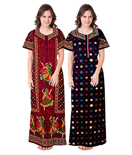 EAN Women's Cotton All Over Print Maxi Nighty (Pack of 2) (BS 1150_Multicolored_Free Size)