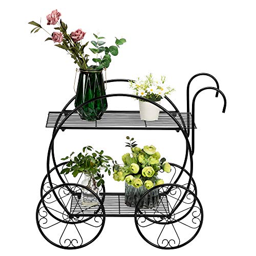 MTFY Iron Plant Stand Garden Cart 2-Tier Flower Pot Display Rack Holding Small Plants, Succulents and Decors for Home Garden, Black (Style-3)