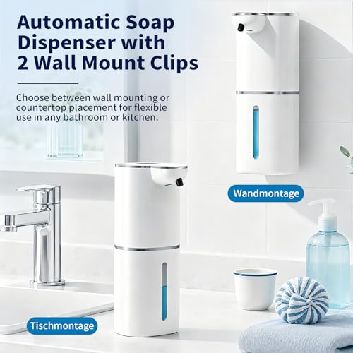 Kefflum Automatic Soap Dispenser, Electric Foam Dispenser with Digital Display, 6 Adjustable Levels, USB Rechargeable, Wall and Desktop, for Bathroom and Kitchen (380ml, White)