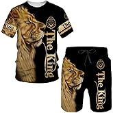 prigridche Wolf & Lion 3D Printed Casual Short Sleeve Crew Neck Suit for Men 2 Piece Shorts Tracksuit