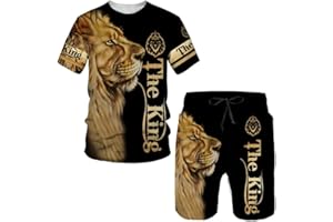 prigridche Wolf & Lion 3D Printed Casual Short Sleeve Crew Neck Suit for Men 2 Piece Shorts Tracksuit