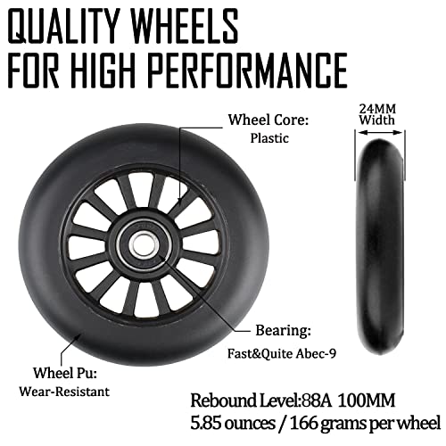 100mm Scooter Wheels - 100mm Pro Kick Scooter Wheels Replacement Pair - Smooth Bearing Installed | Plastic Core for Razor Fuzion Scooters