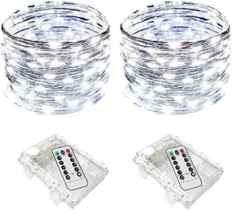 Firstbuy Fairy String Lights Battery Operated Waterproof 8 Modes Starry Rope Lights Twinkling 50 Led 16.4ft Copper Wire Remote Control Firefly Light For Festival Decor, 2 Pack (Daylight White)