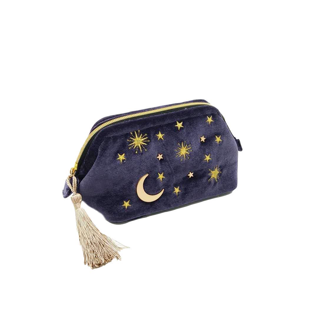 Handy cosmetic makeup bag,Navy Velvet Embroidered Applique Moon Stars Sun Cosmetic Bag,Starry Makeup Pouch with Tassels & Pearl Zipper,Beautician Storage Bag Clutch Handbags,Toiletry Wash Bag