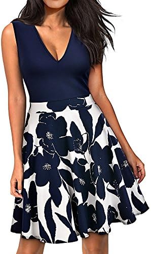 Women's Vintage Casual Flare Floral Contrast Sleeveless Cocktail Party Mini Dress (L, Navy Blue)