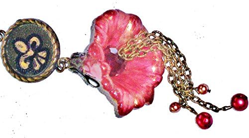 Hand Painted Flower Antiqued Gold Plated Pendant Necklace Fleur de Lis Dangling Swarovski Crystal Pearls